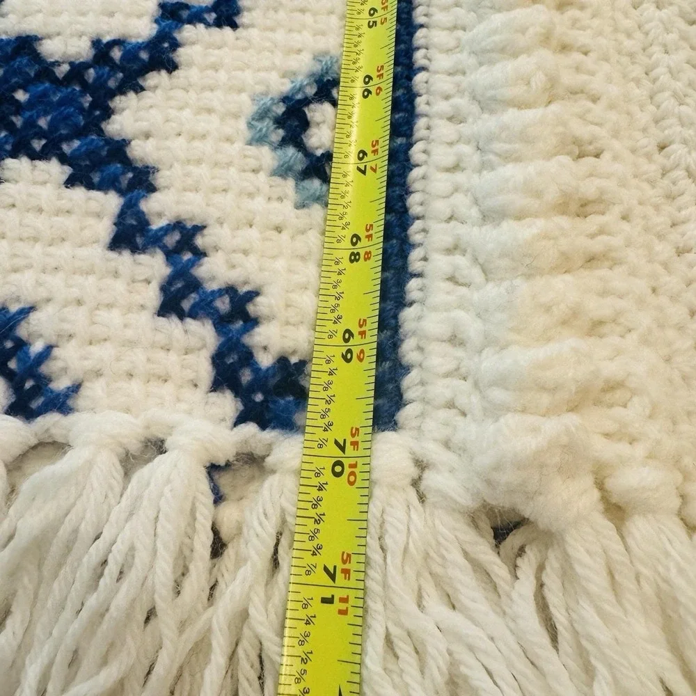 Vintage Handmade Crochet Afghan Throw & Matching Pillow Blue White Charleston